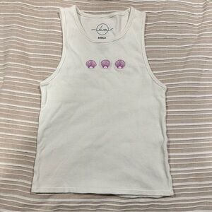 Small White cotton ribbed crop tank top purple embroidered seashell beach boho